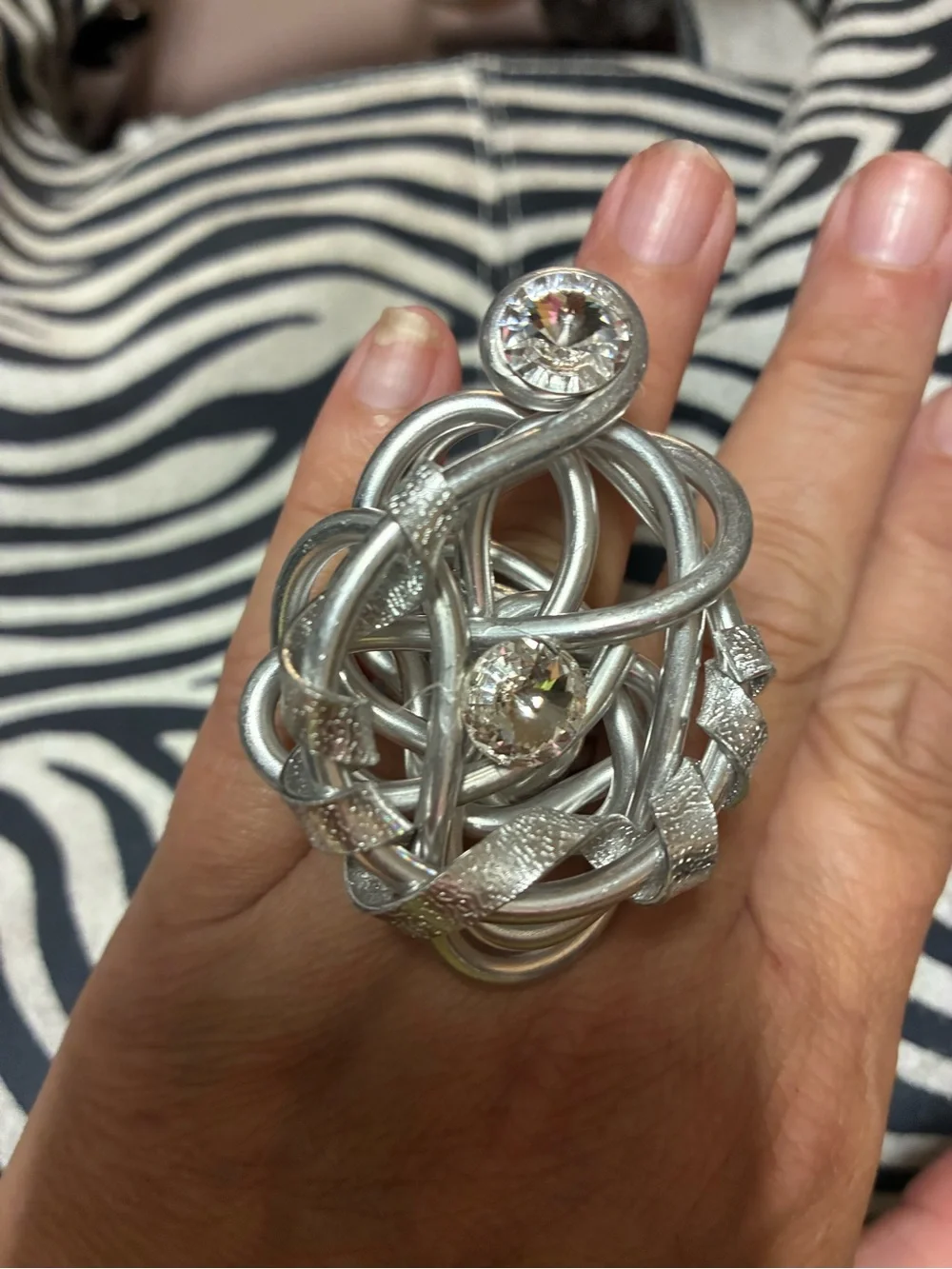 OAK. Jeff Leib.  Silver Twisted Statement Ring with Clear Crystals